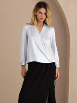 [Light Blue] SilkSilky-AU Long Sleeve Wrap Women's Blouse 001