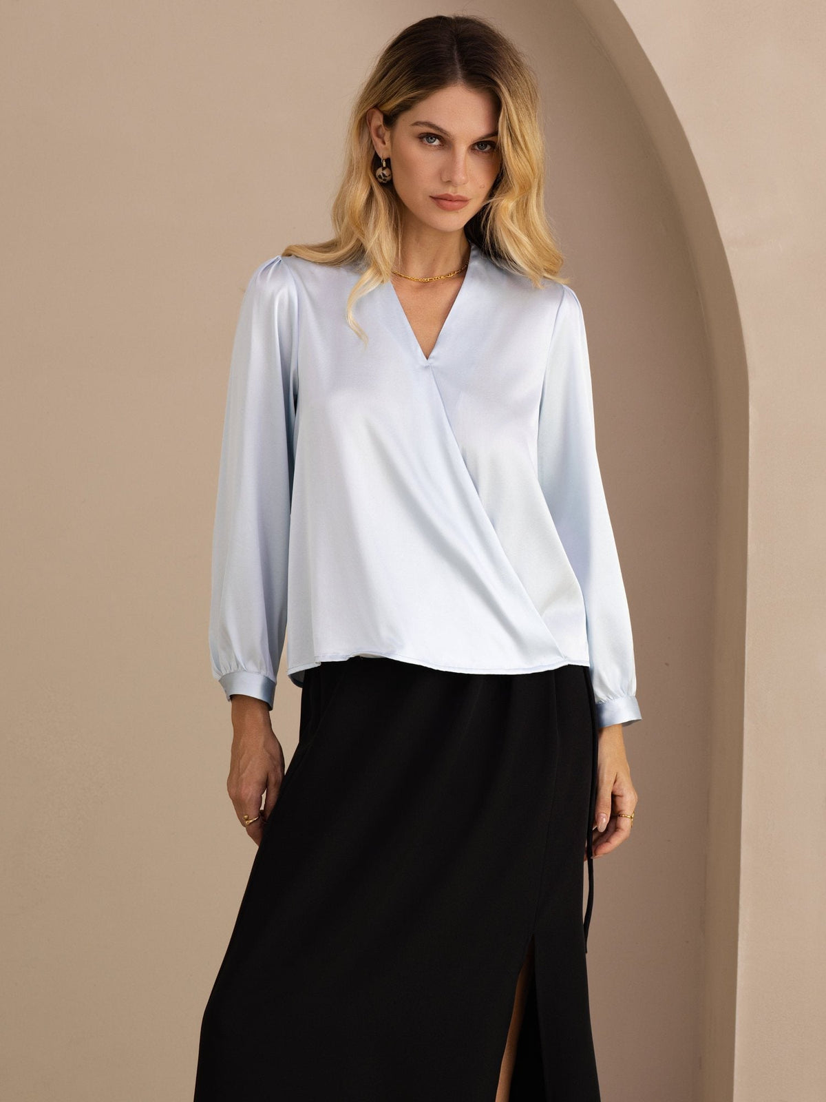 [Light Blue] SilkSilky-AU Long Sleeve Wrap Women's Blouse 001