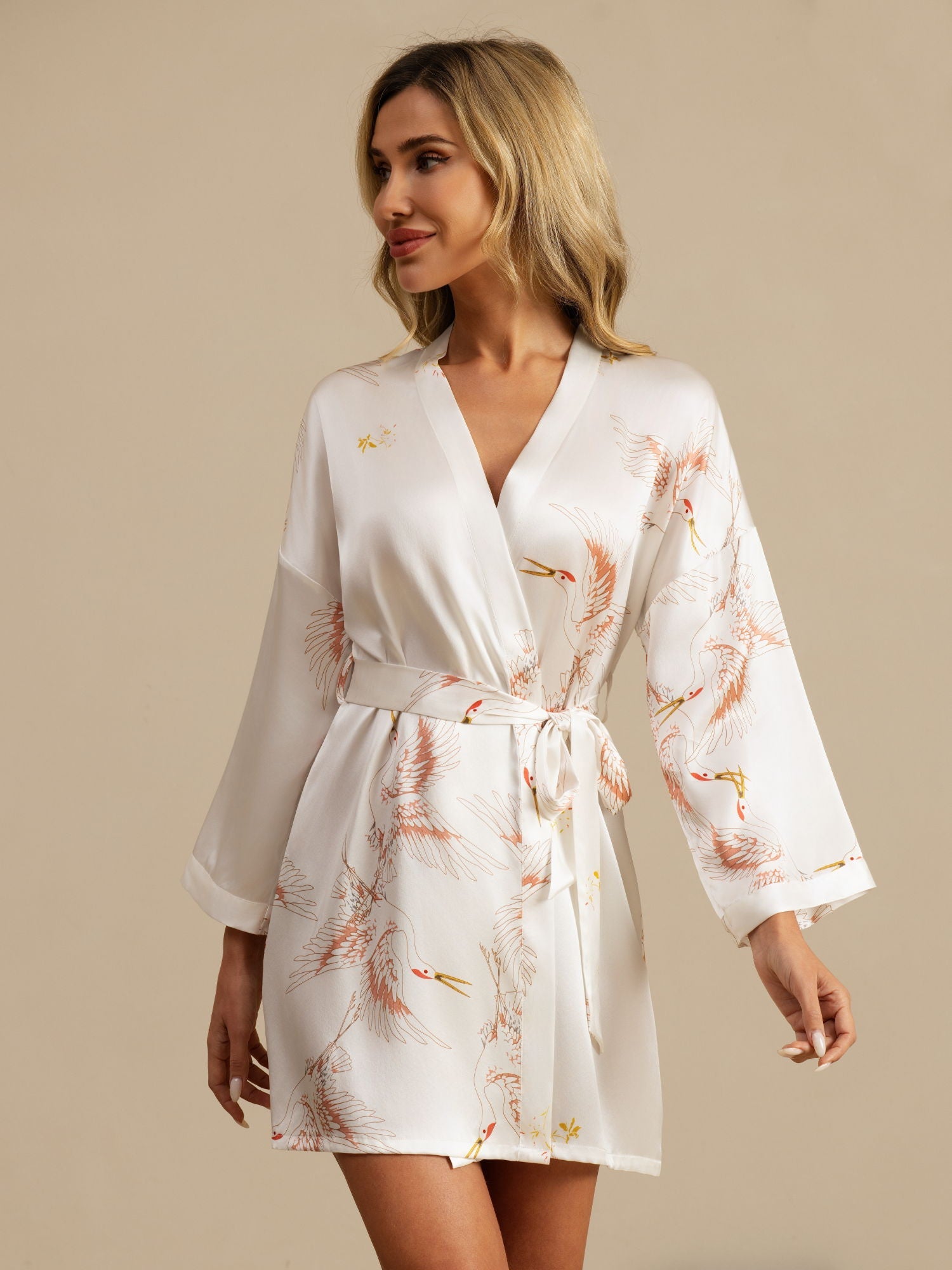 [White] SilkSilky-AU 19Momme 3/4 Sleeve Women's Dressing Gown 003