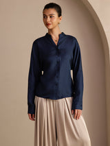 [Dark Blue] SilkSilky-AU Long Sleeve Split Women's Blouse 004