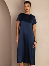 [Dark Blue] SilkSilky-AU Short Sleeve Crew Neck Dress 005