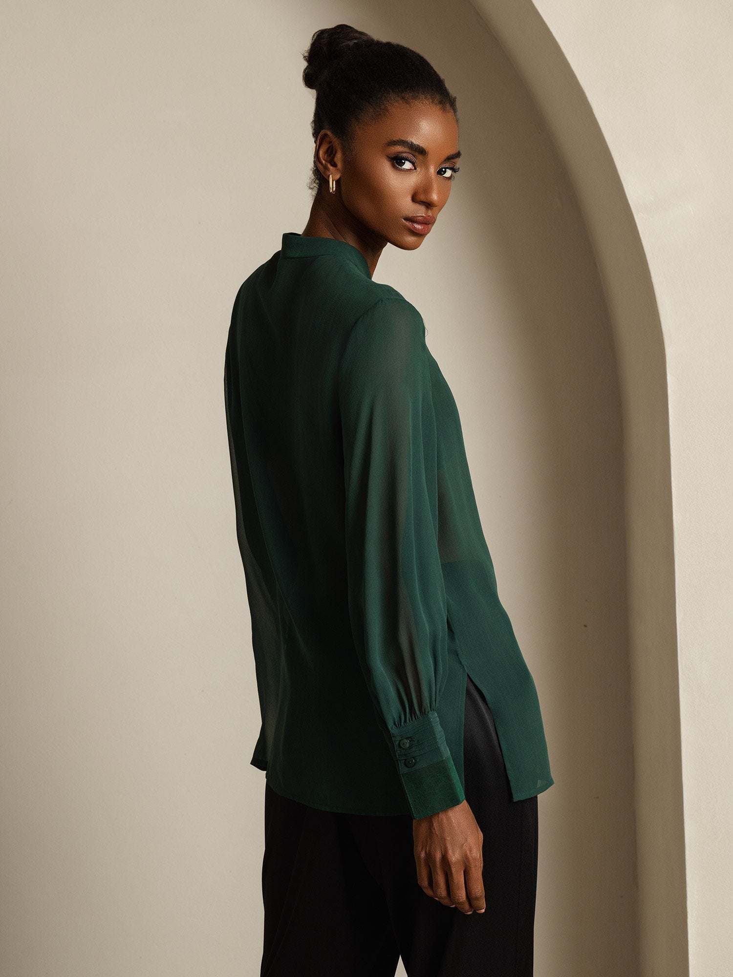 [Dark Green] SilkSilky-AU Pure Silk Split Women's Shirt 006