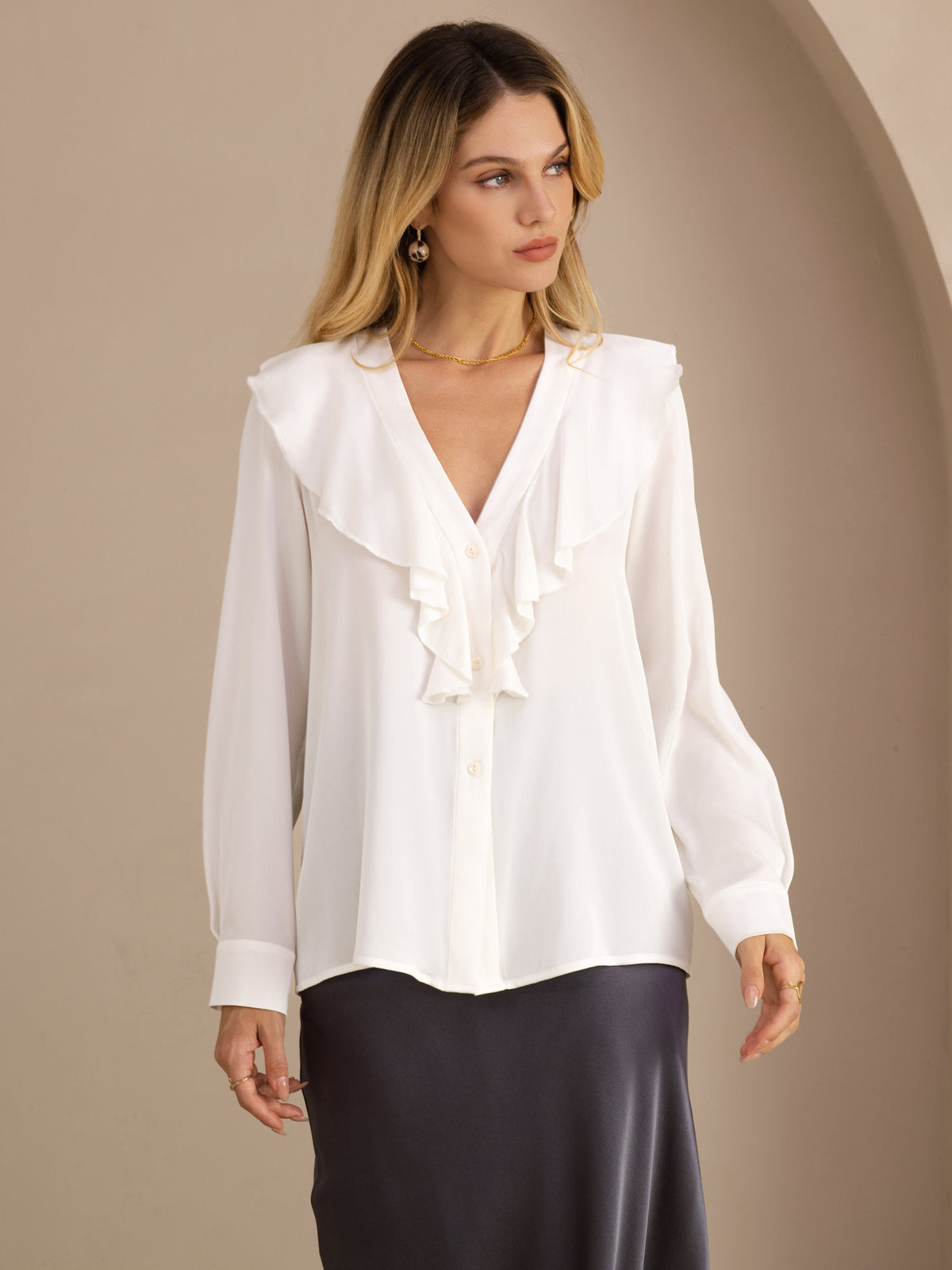 [White] SilkSilky-AU Long Sleeve Deep V Neck Women's Blouse 001