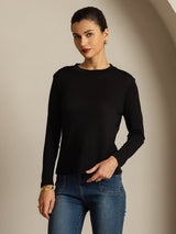 [Black] SilkSilky-AU 100% Silk Jersey Long Sleeve Crew Neck Women's T-Shirt 001