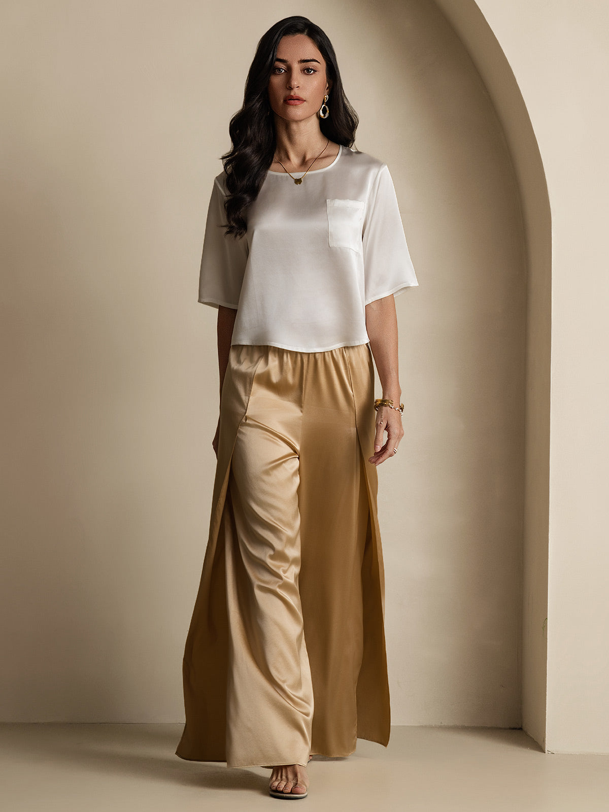 [White] SilkSilky-AU Pure Silk Boat Neck Women's T-Shirt 008