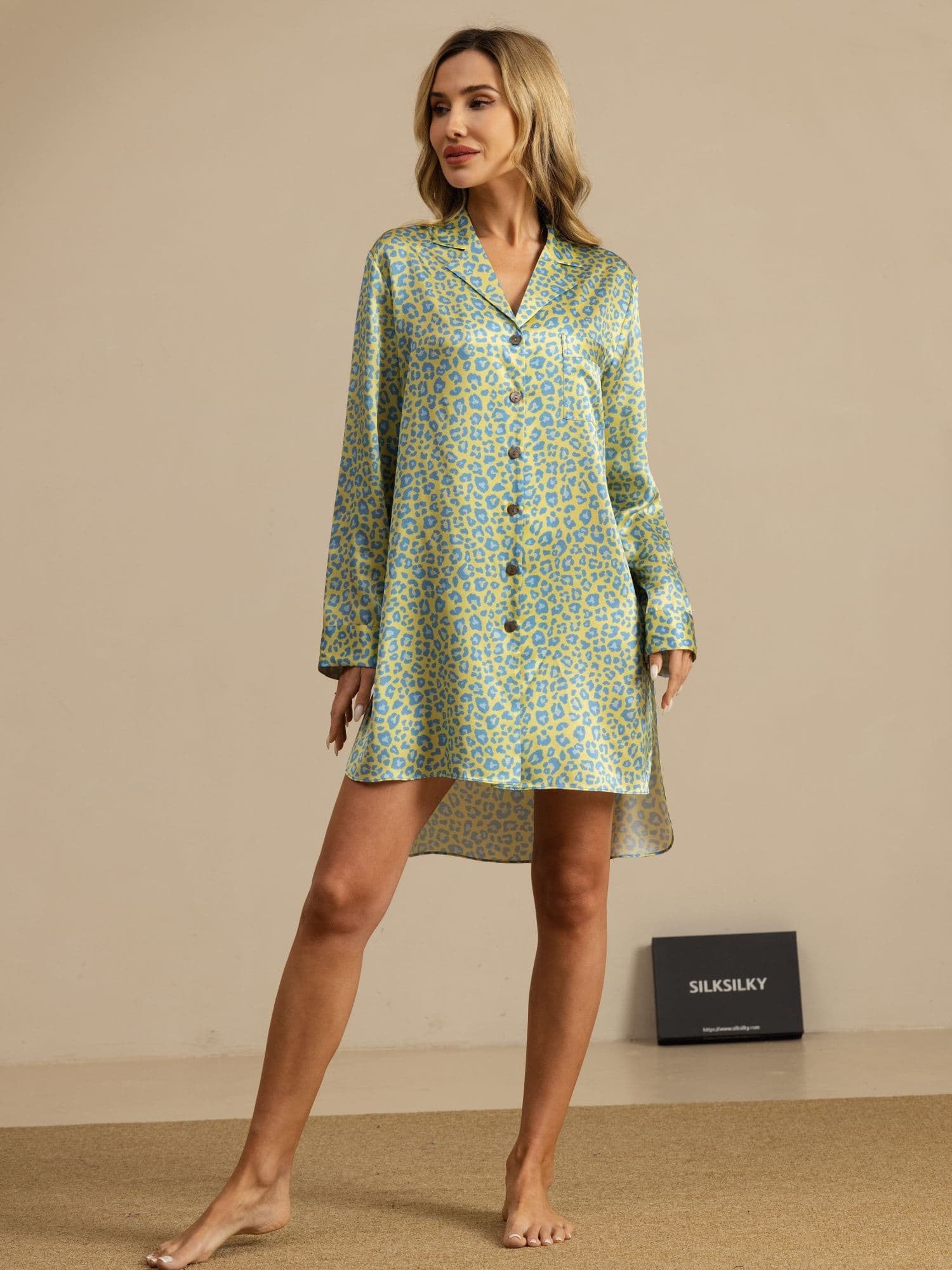 [Green Leopard] SilkSilky-AU 19Momme Long Sleeve Nightshirt 001