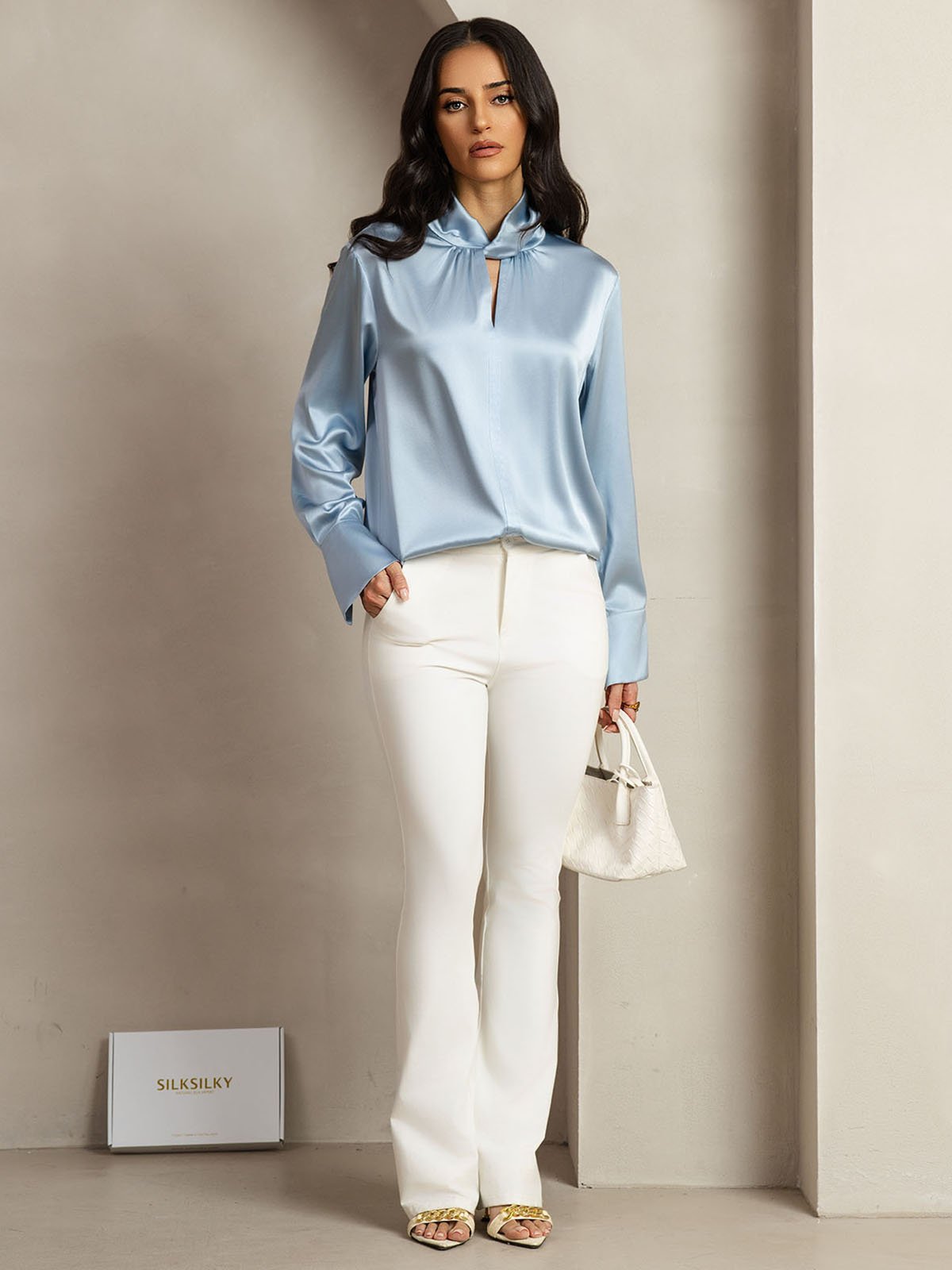 [GrayishBlue] SilkSilky-AU 19Momme Silk Keyhole Neck Women's Shirt 010