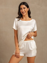 [White] SilkSilky-AU 19Momme Machine-Washable Silk Short Sleeve Round Neck Women's Pyjamas 003
