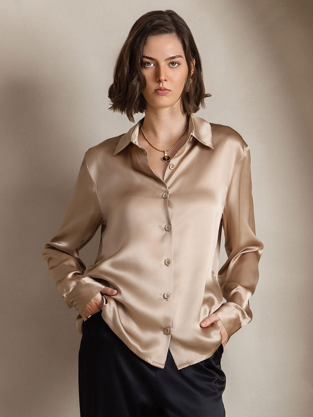 [Champagne] SilkSilky-AU 19Momme Stretch Silk Charmeuse Long Sleeve Lapel Collar Women's Shirt 001