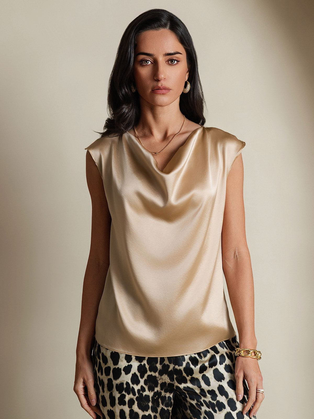 [Champagne] SilkSilky-AU 19Momme Silk Sleeveless Cowl Neck Women's T-Shirt 001