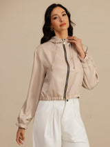 [Tan] SilkSilky-AU 18Momme Silk Satin Surah Long Sleeve High Neck Women's Outerwear 003