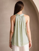 [Light Green] SilkSilky-AU 19Momme Stretch Silk Charmeuse Sleeveless Halter Women's T-Shirt 002