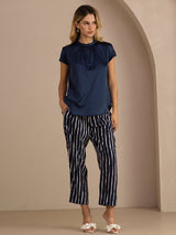[Dark Blue] SilkSilky-AU Short Sleeve Split Women's Blouse 006