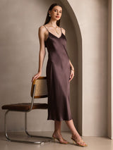 [Coffee] SilkSilky-AU Sleeveless V Neck Dress 007