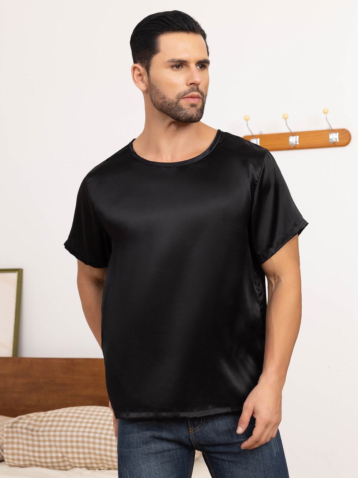 SilkSilky AU Pure Silk Short Sleeve Round Neck Men's T Shirt Black 001