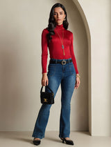 [Wine] SilkSilky-AU Silk Jersey Long Sleeve Turtle Neck Women's T-Shirt 007