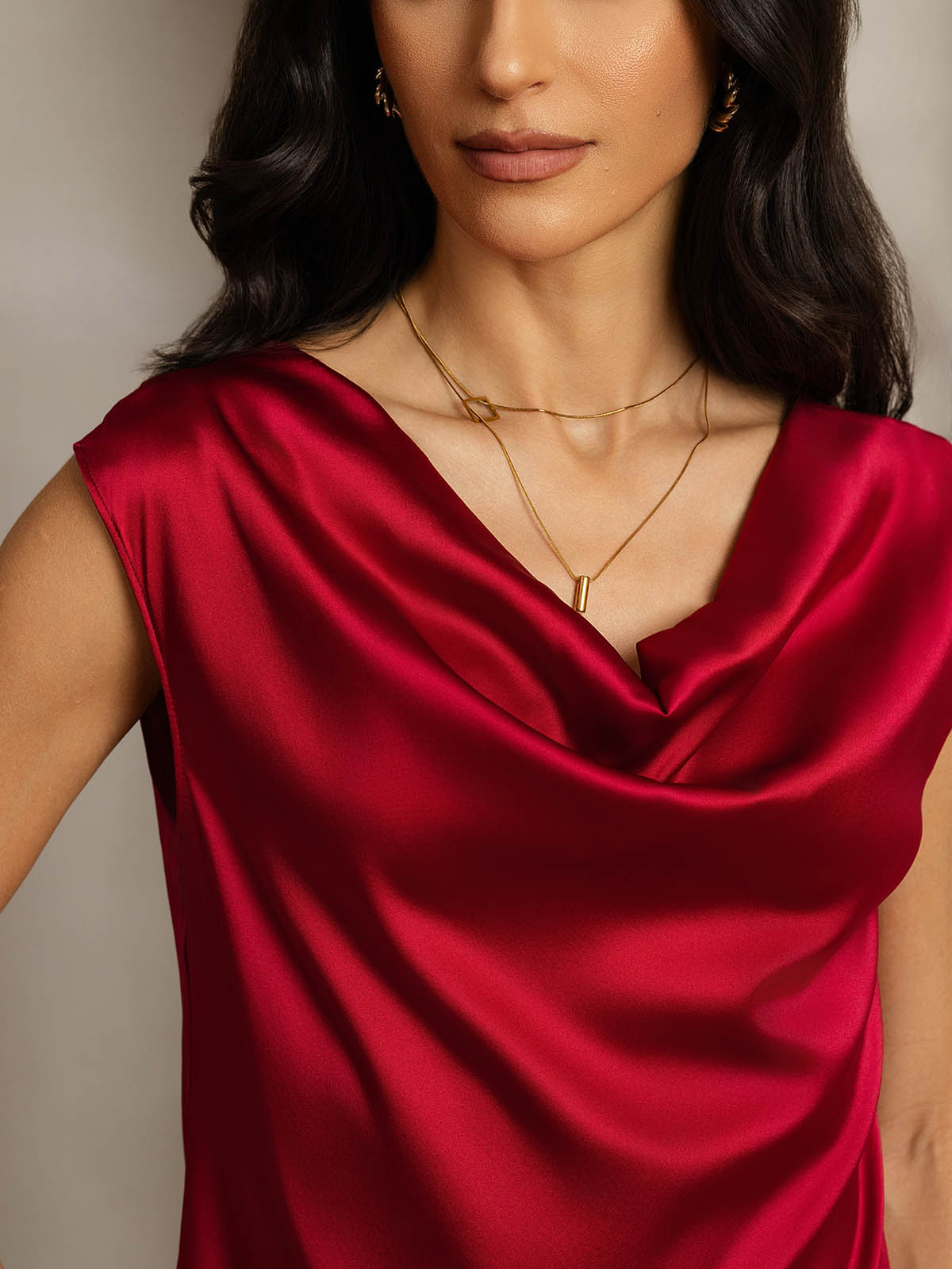 [Wine] SilkSilky-AU 19Momme Silk Sleeveless Cowl Neck Women's T-Shirt 005