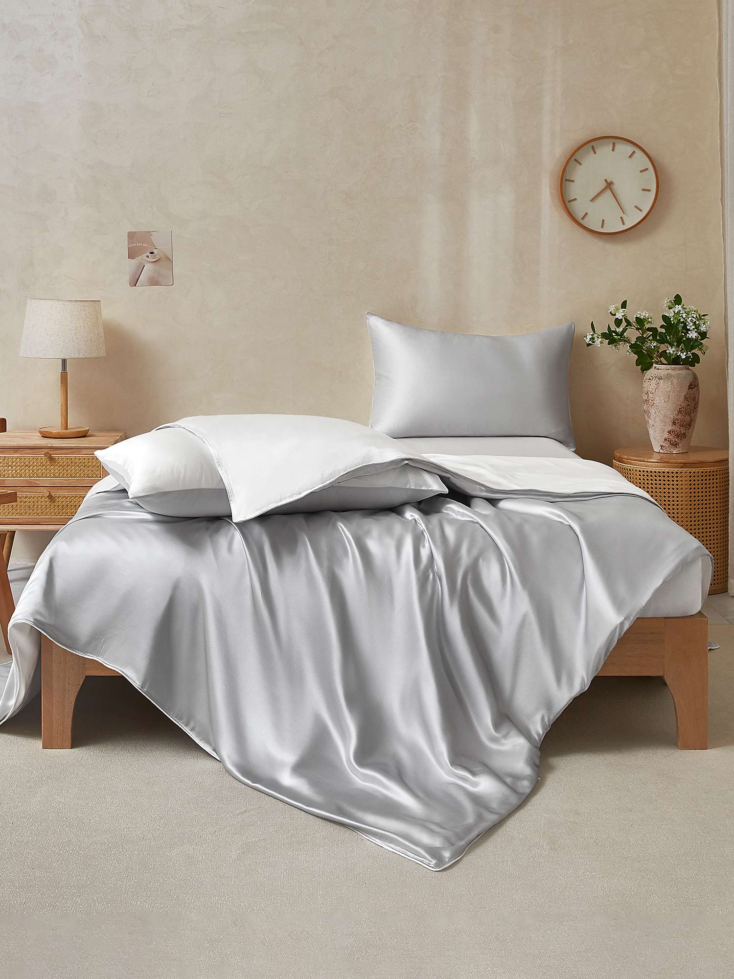 [LightGray+White] SilkSilky-AU 19Momme Pure Silk Bedding Set 002,