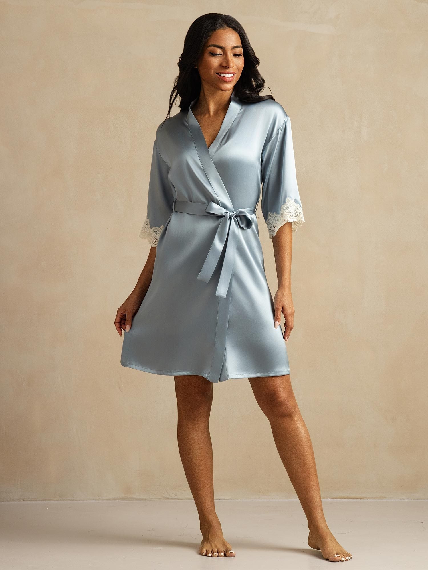 [Grayish Blue] SilkSilky-AU Pure Silk Womens Robe 006