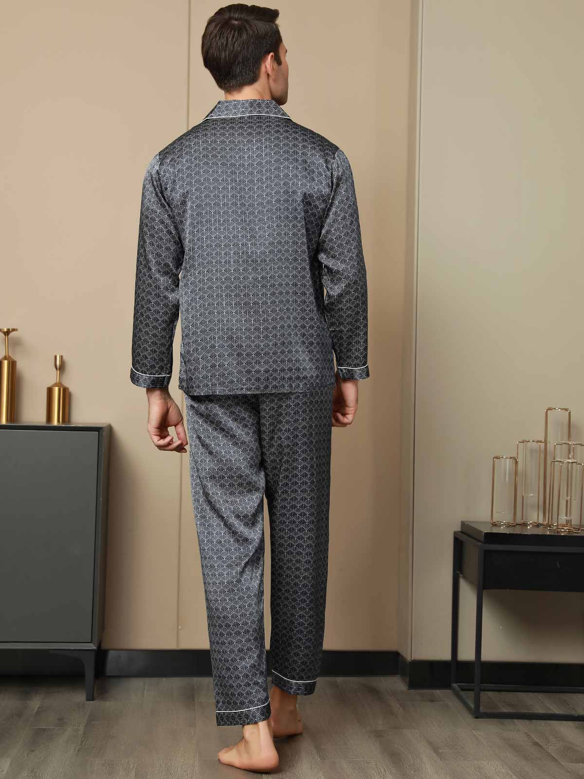 [Navy Ginkgo] SilkSilky-AU 19Momme Pure Silk Mens Pajamas 002