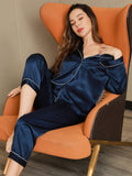 SilkSilky AU Pure Silk Long Sleeve Lapel Women's Pyjamas DarkBlue 001