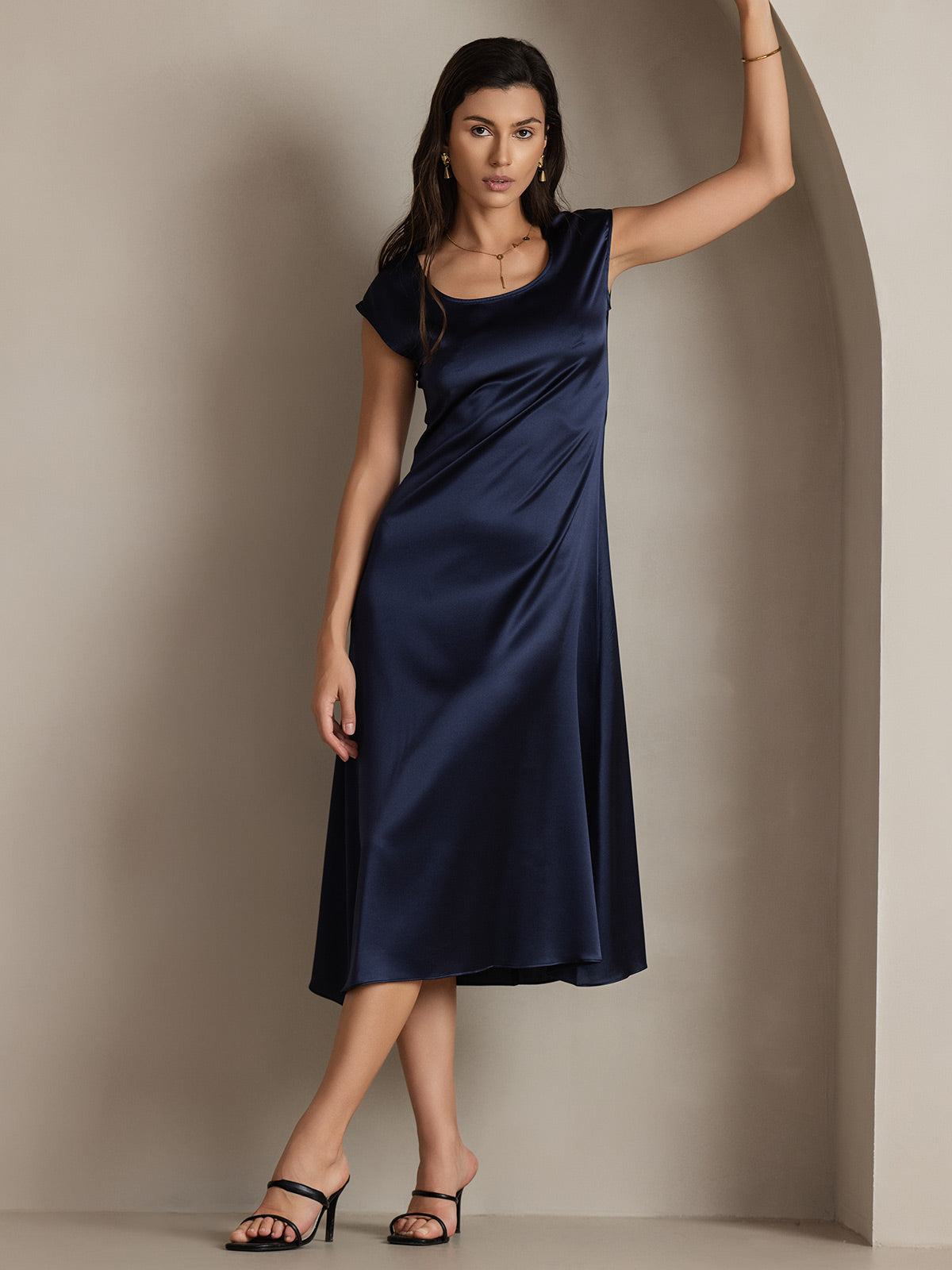SilkSilky-AU 19Momme Silk Sleeveless Round Neck Dress DarkBlue 003