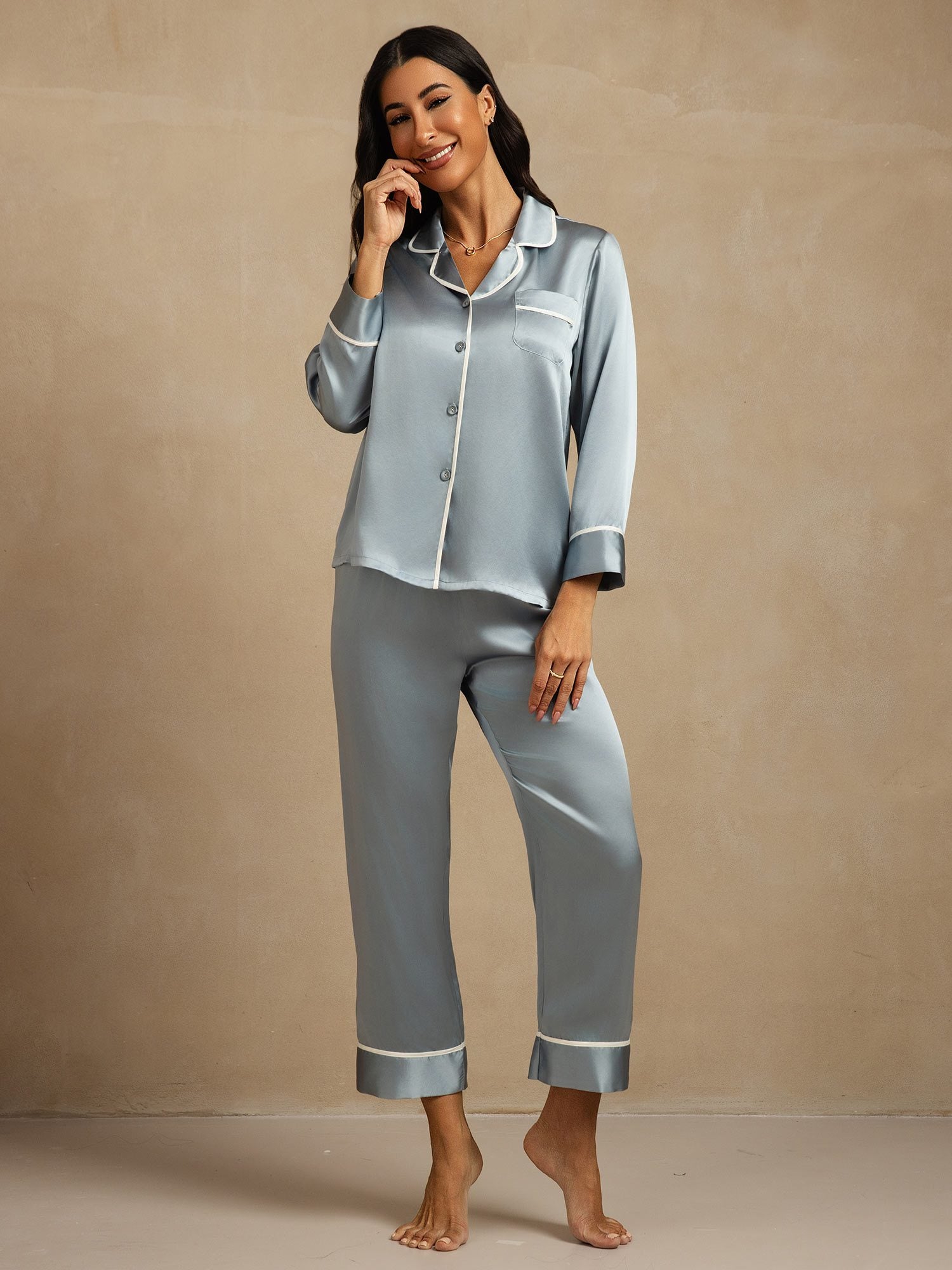 [GrayishBlue] SilkSilky-AU Pure Silk Lapel Collar Women's Pyjamas 006