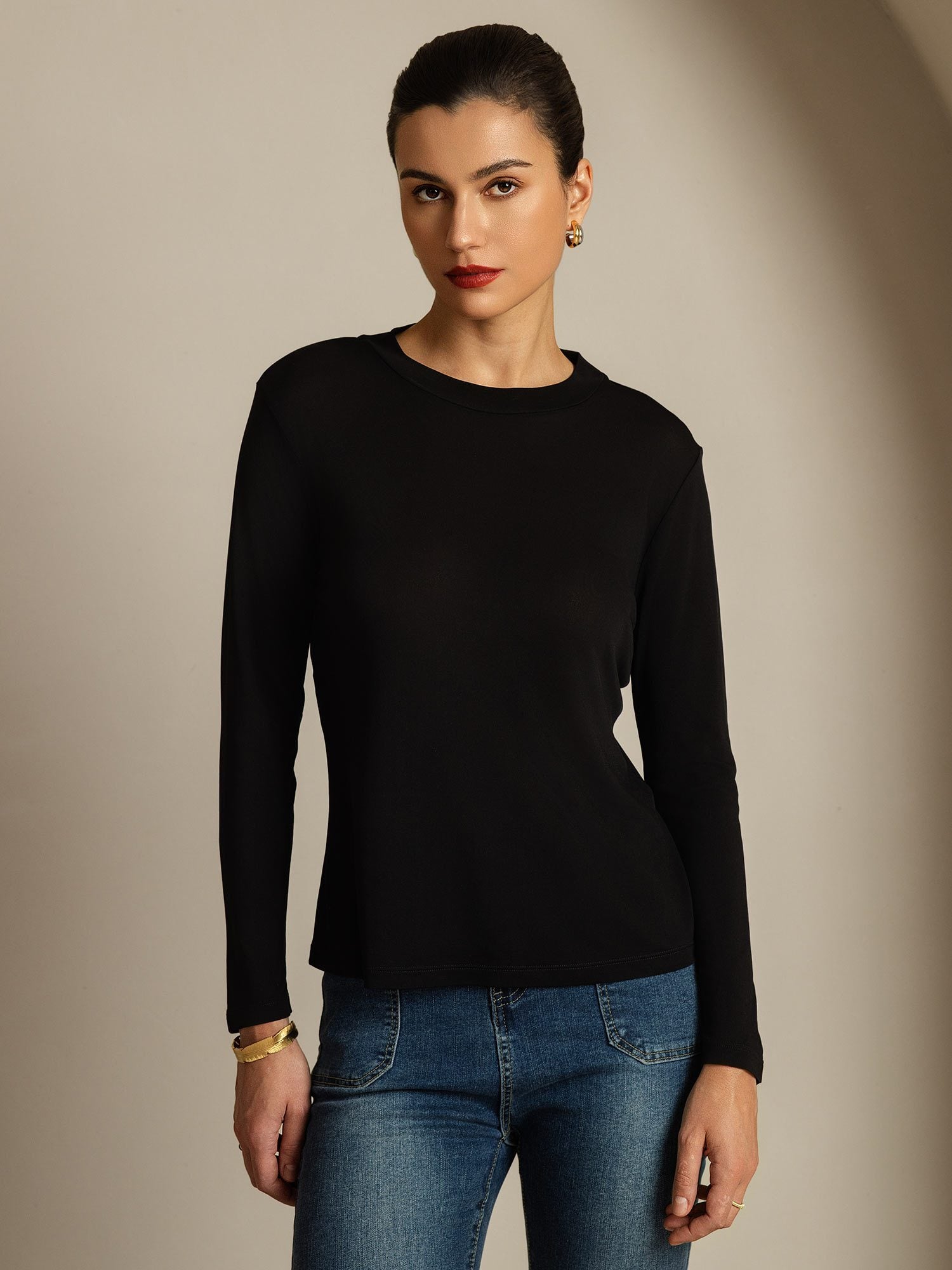 [Black] SilkSilky-AU Pure Silk Round Neck Women's T-Shirt 001