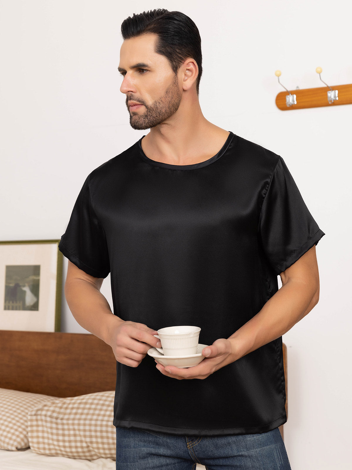 SilkSilky AU Pure Silk Short Sleeve Round Neck Men's T Shirt Black 005