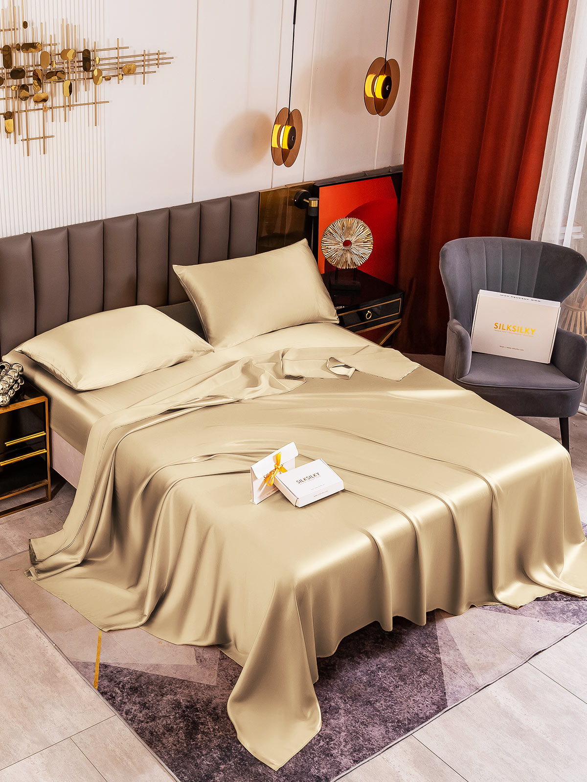 [Beige] SilkSilky-AU 19Momme Pure Silk Bedding Set 001