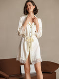 SilkSilky-AU Pure Silk 3/4 Sleeve Lapel Dress Beige 004