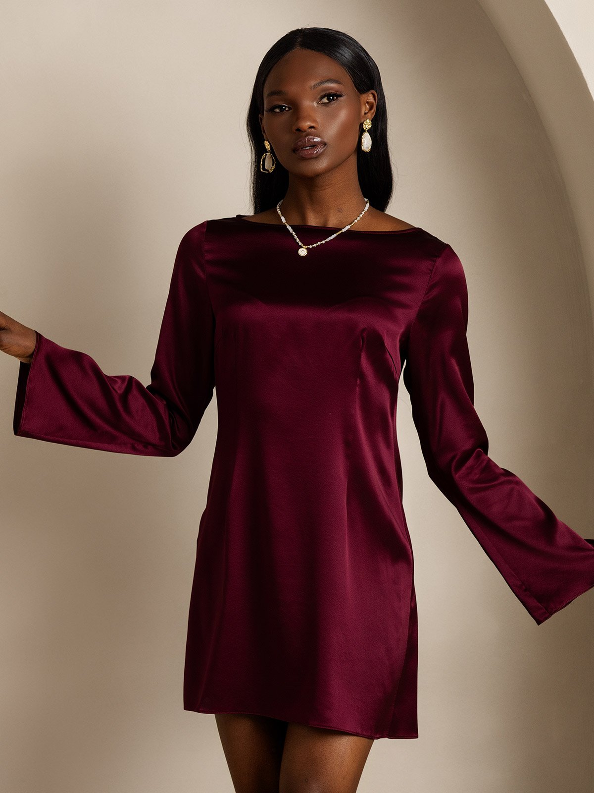 SilkSilky-AU 19Momme Silk Long Sleeve Boat Neck Dress DarkRed 004