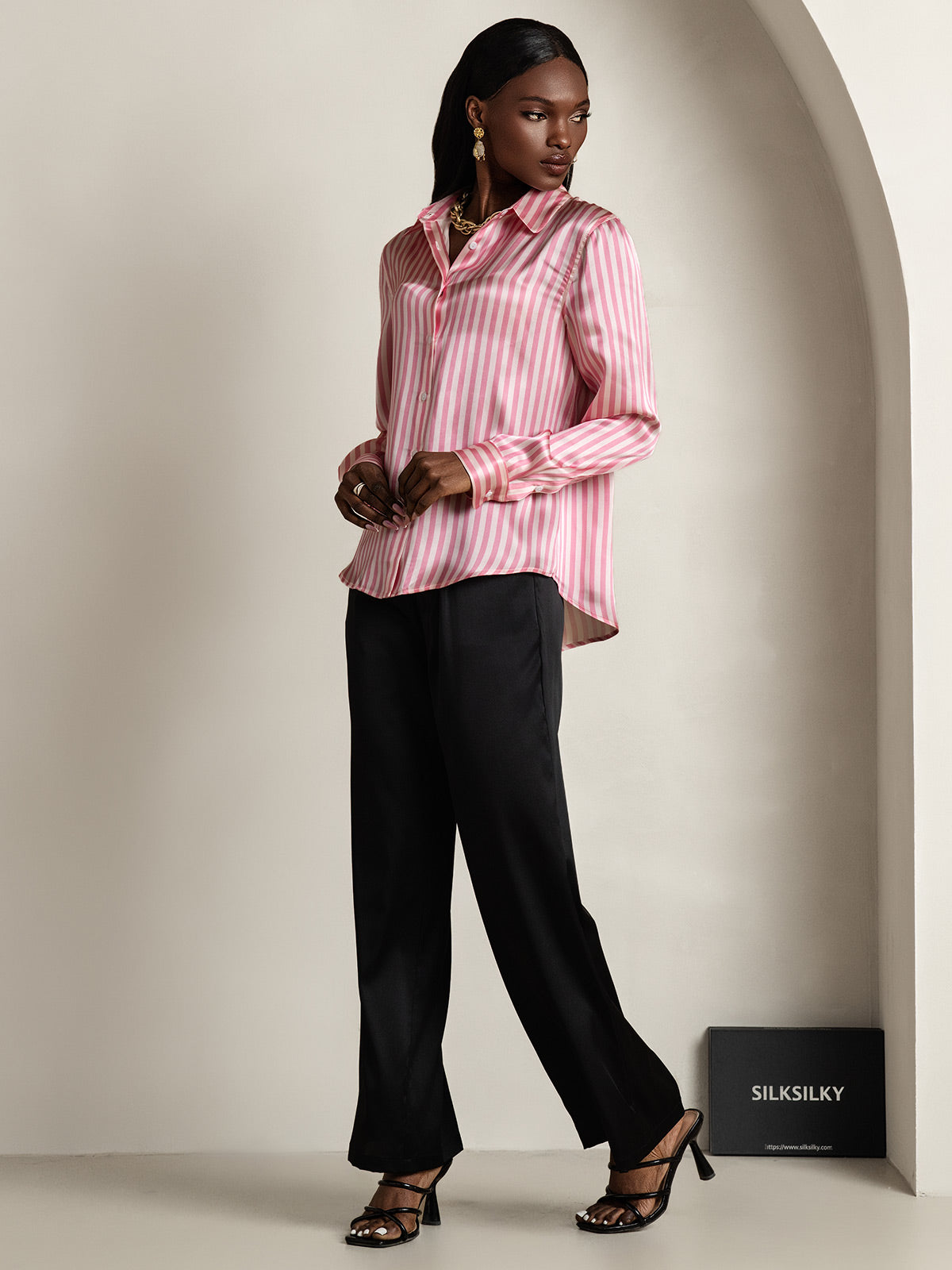 [Pink Stripe] SilkSilky-AU Long Sleeve Lapel Collar Women's Shirt 007