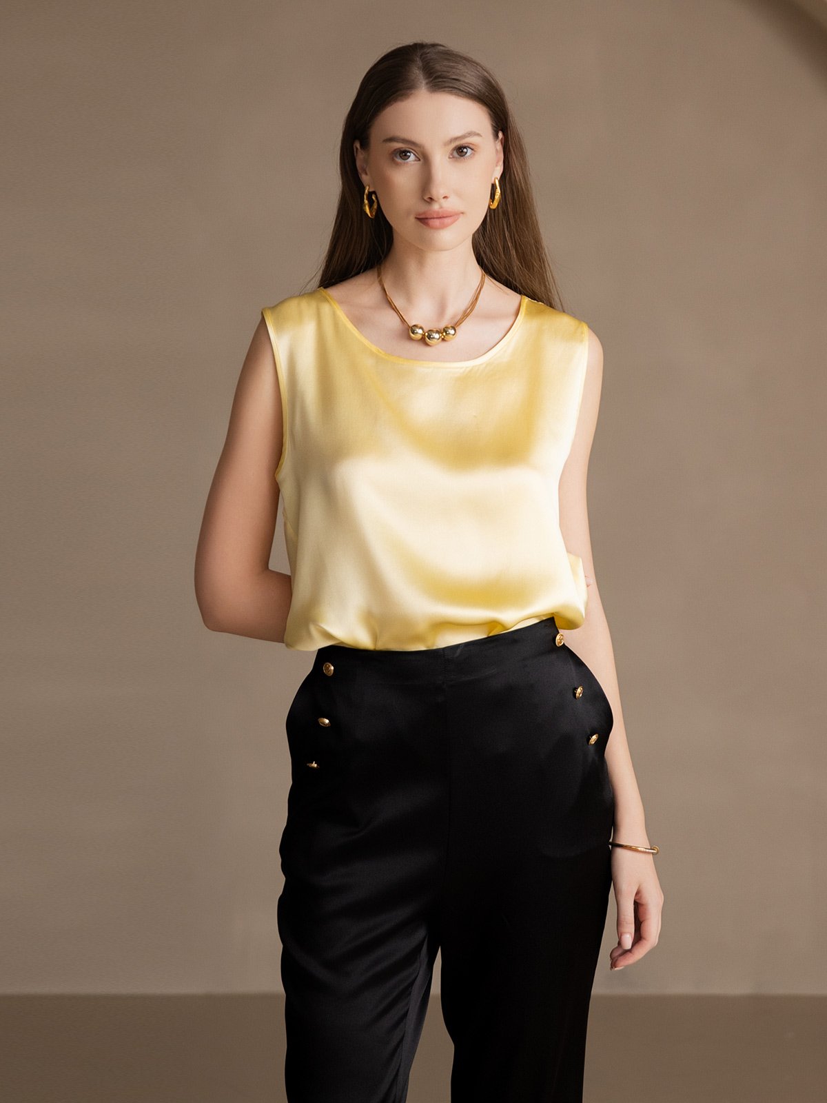 [Light Yellow] SilkSilky-AU 19Momme Silk Round Neck Camisole 004