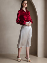 [Wine] SilkSilky-AU 19Momme Stretch Silk Charmeuse Long Sleeve Lapel Collar Women's Shirt 006