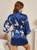 SilkSilky-AU 19Momme Pure Silk 3/4 Sleeve Deep V Neck Women's Dressing Gown DarkBlue 002