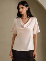 [Beige] SilkSilky-AU Short Sleeve Cowl Neck Women's Blouse 003