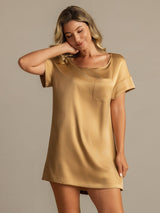 [Tan] SilkSilky-AU 19Momme Machine-Washable Silk Short Sleeve Round Neck Nightgown 006