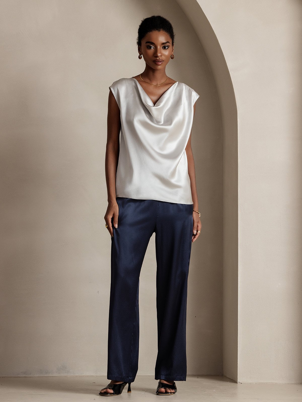 [Light Gray] SilkSilky-AU 19Momme Silk Sleeveless Cowl Neck Women's T-Shirt 005