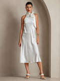 SilkSilky AU 19Momme Silk Sleeveless Tie Neck Dress White 008