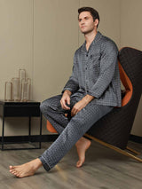 [Navy Ginkgo] SilkSilky-AU 19Momme Long Sleeve Notch Collar Men's Pyjamas 003