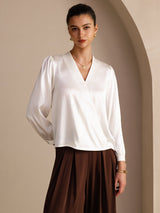 [White] SilkSilky-AU Long Sleeve Wrap Women's Blouse 003
