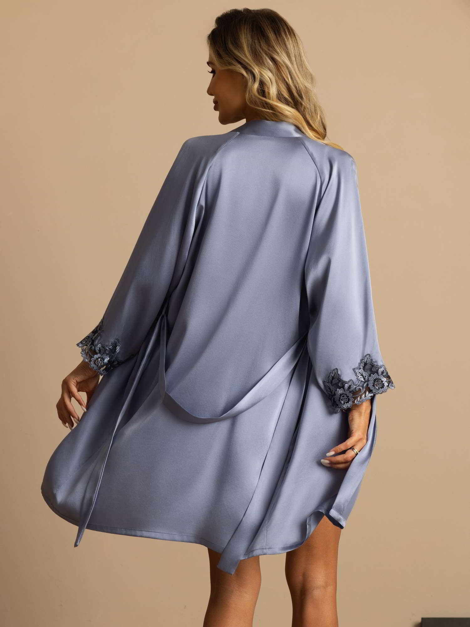 [Steel Blue] SilkSilky-AU Pure Silk 3/4 Sleeve V Neck Women's Pyjamas 002