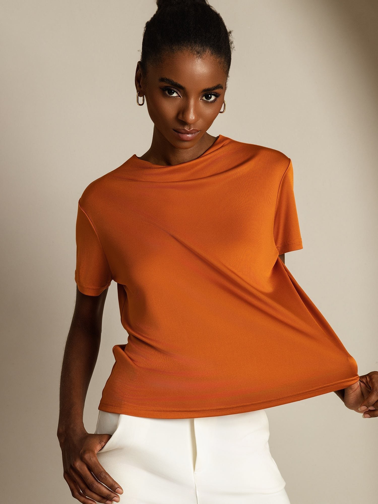 [Orange] SilkSilky-AU Pure Silk Collar Women's T-Shirt 001