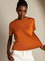 [Orange] SilkSilky-AU 100% Silk Jersey Short Sleeve Mock Neck Women's T-Shirt 001