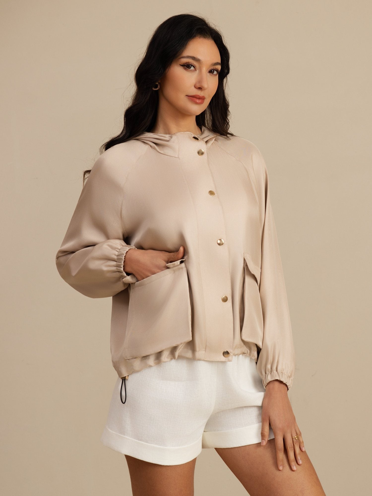 [Tan] SilkSilky-AU Silk Satin Surah Long Sleeve High Neck Women's Outerwear 005