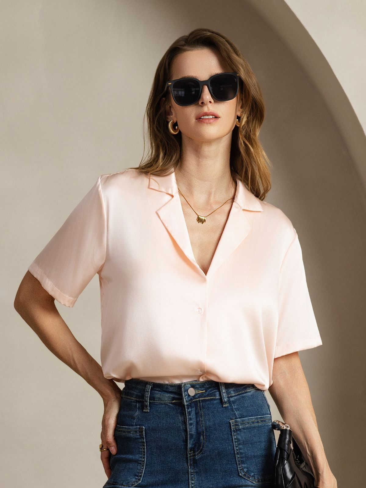 [Pink] SilkSilky-AU 19Momme Silk Notched Neck Women's Shirt 001