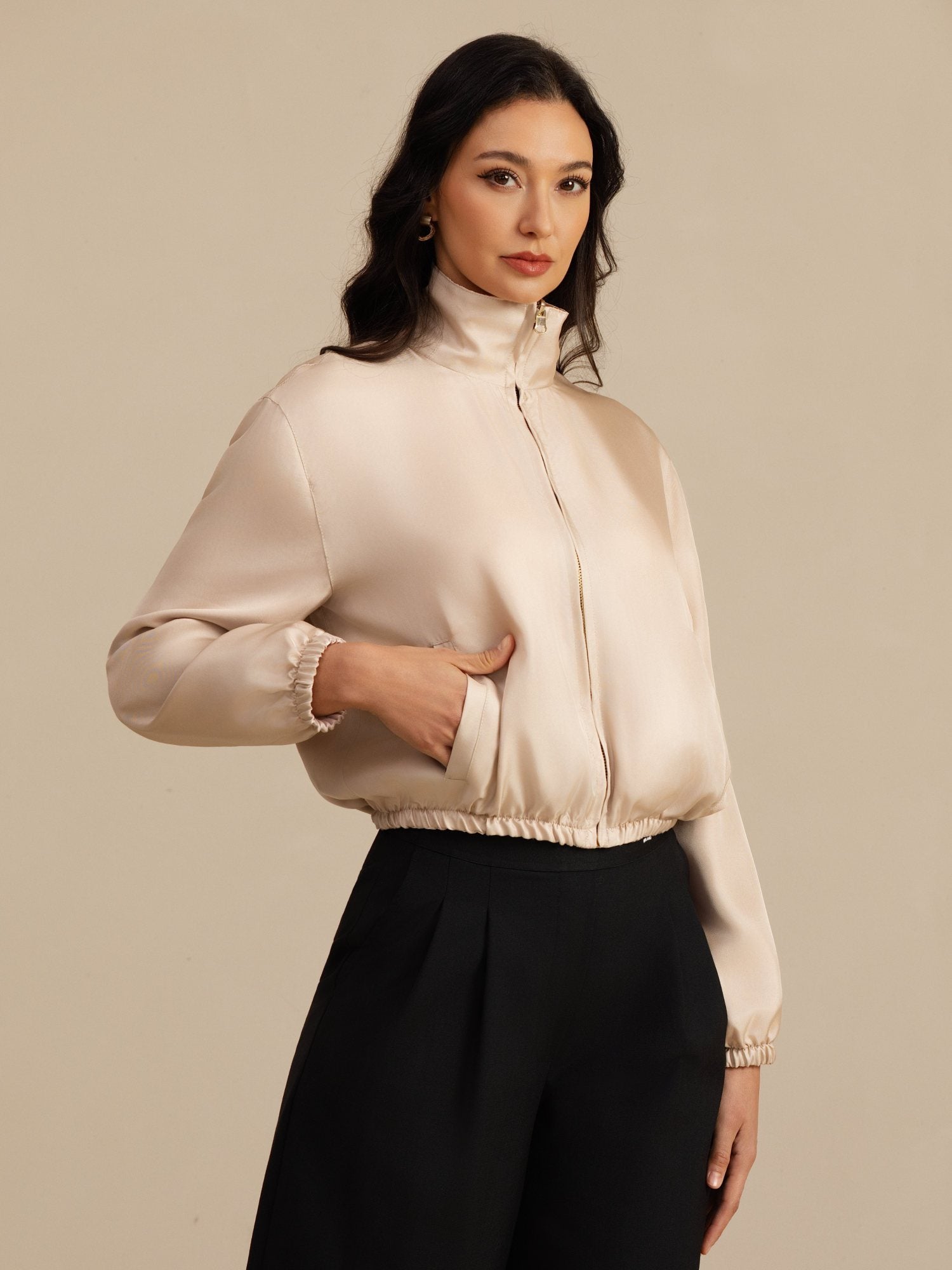 [Tan+Pink] SilkSilky-AU 18Momme Silk Satin Surah Long Sleeve Stand Collar Women's Outerwear 004