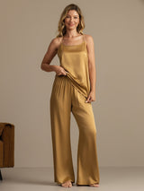 [Tan] SilkSilky-AU 19Momme Machine-Washable Silk Spaghetti Strap Scoop Neck Camisole Set 006