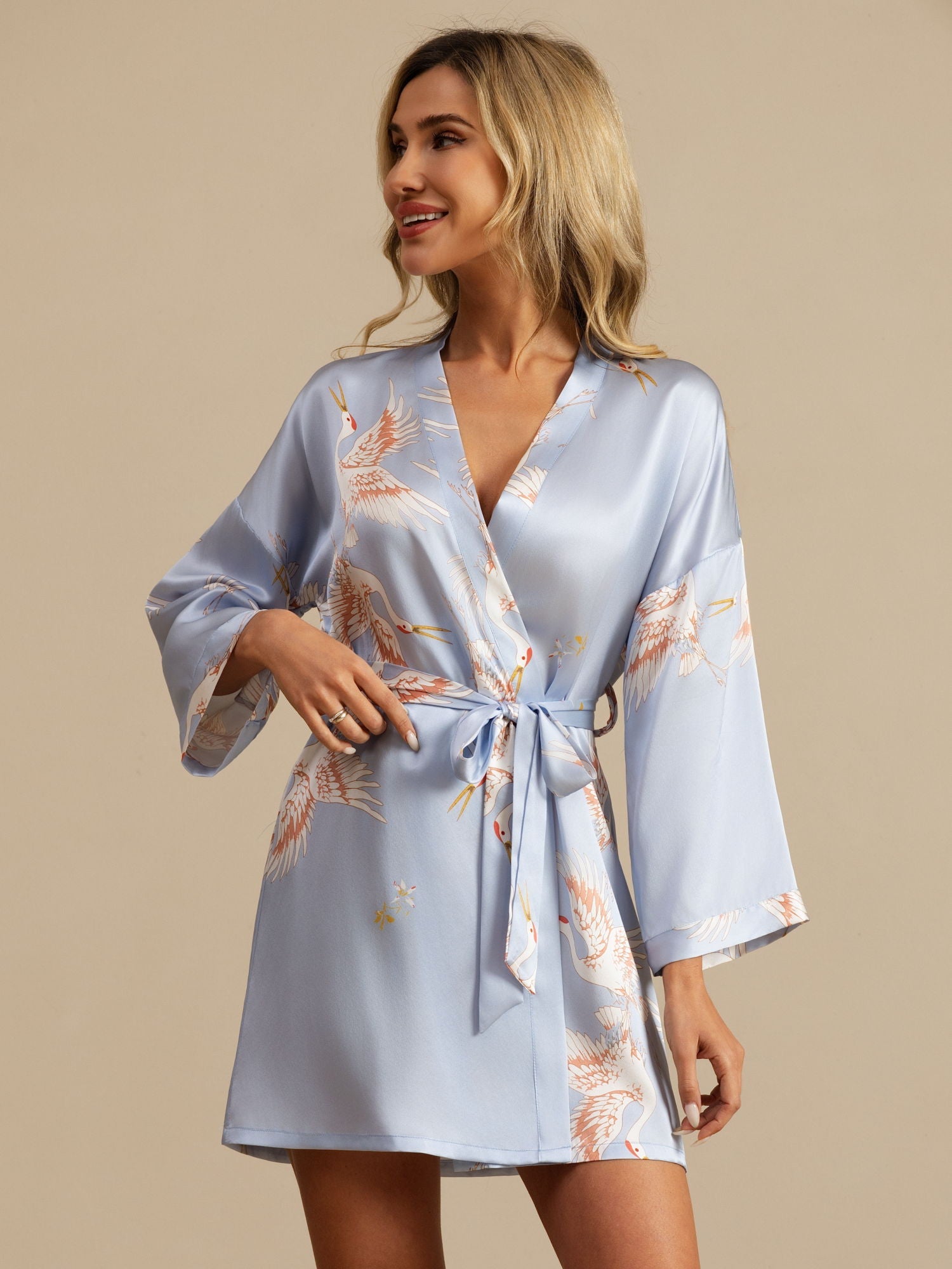 [Light Blue] SilkSilky-AU 3/4 Sleeve Deep V Neck Women's Dressing Gown 001